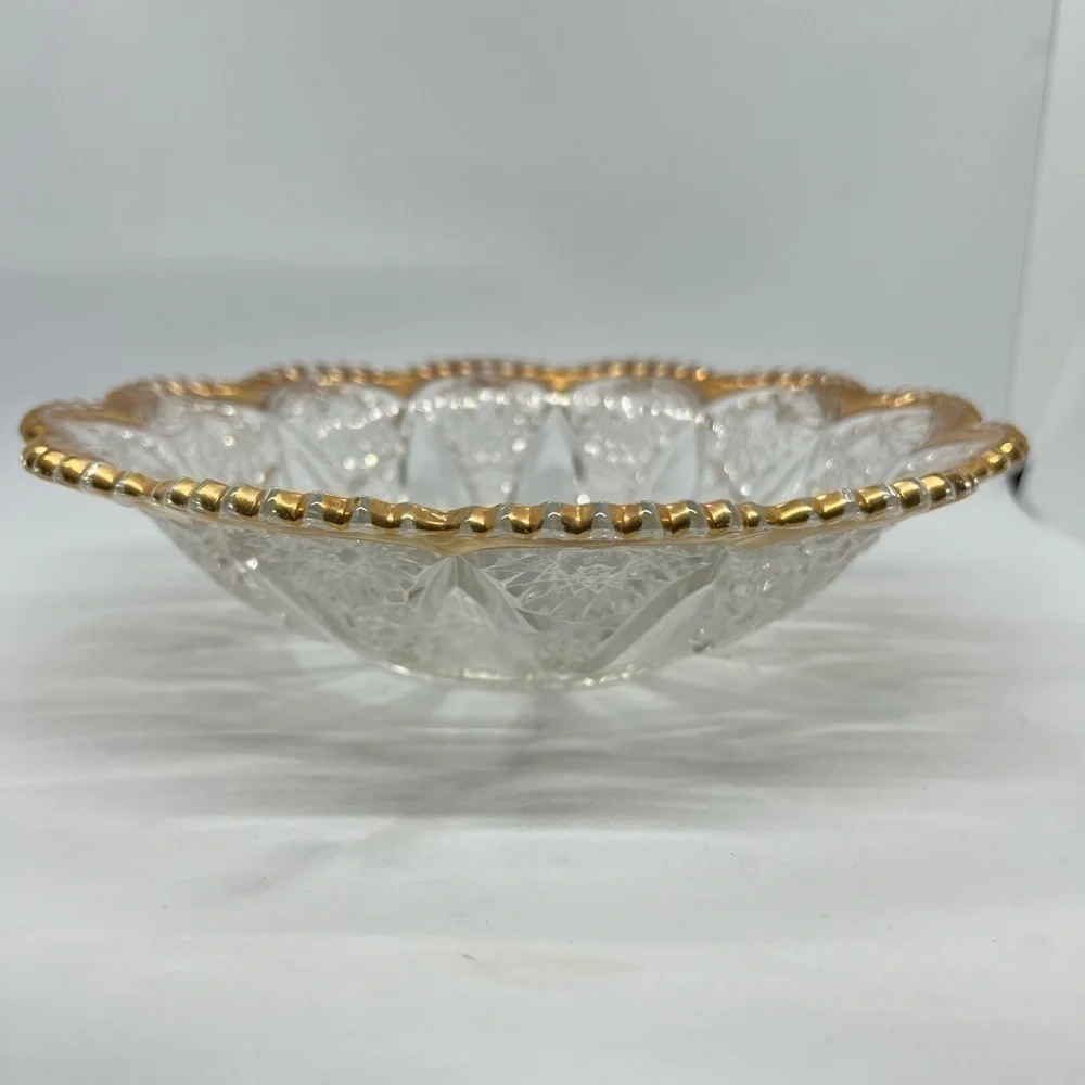 Vintage Glass Bowl EAPG American Brilliant Clear Gold Rim 9” Stars Sawtooth Rim